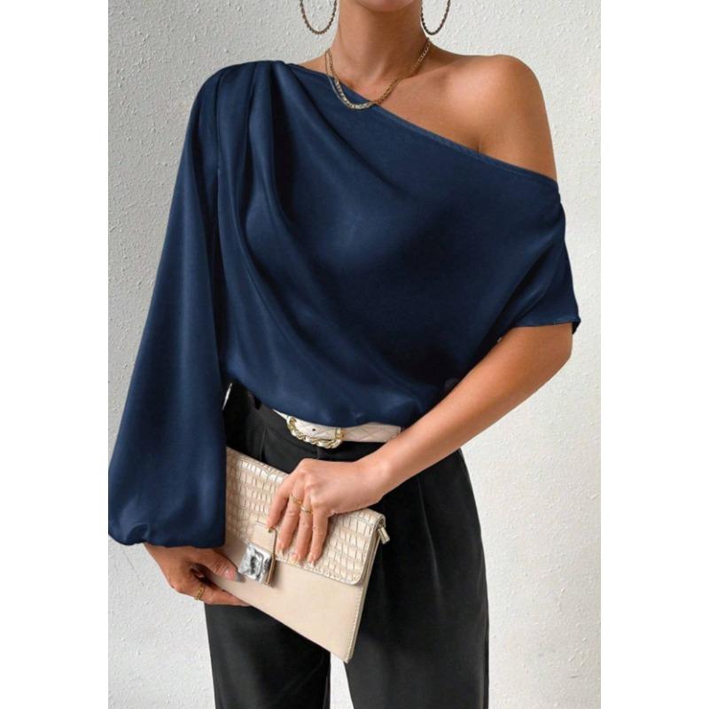 Женская рубашка с косыми плечами и длинными рукавами, однотонная, сексуальная, с открытыми плечами, свободная, темпераментная, атласные блузки и рубашки