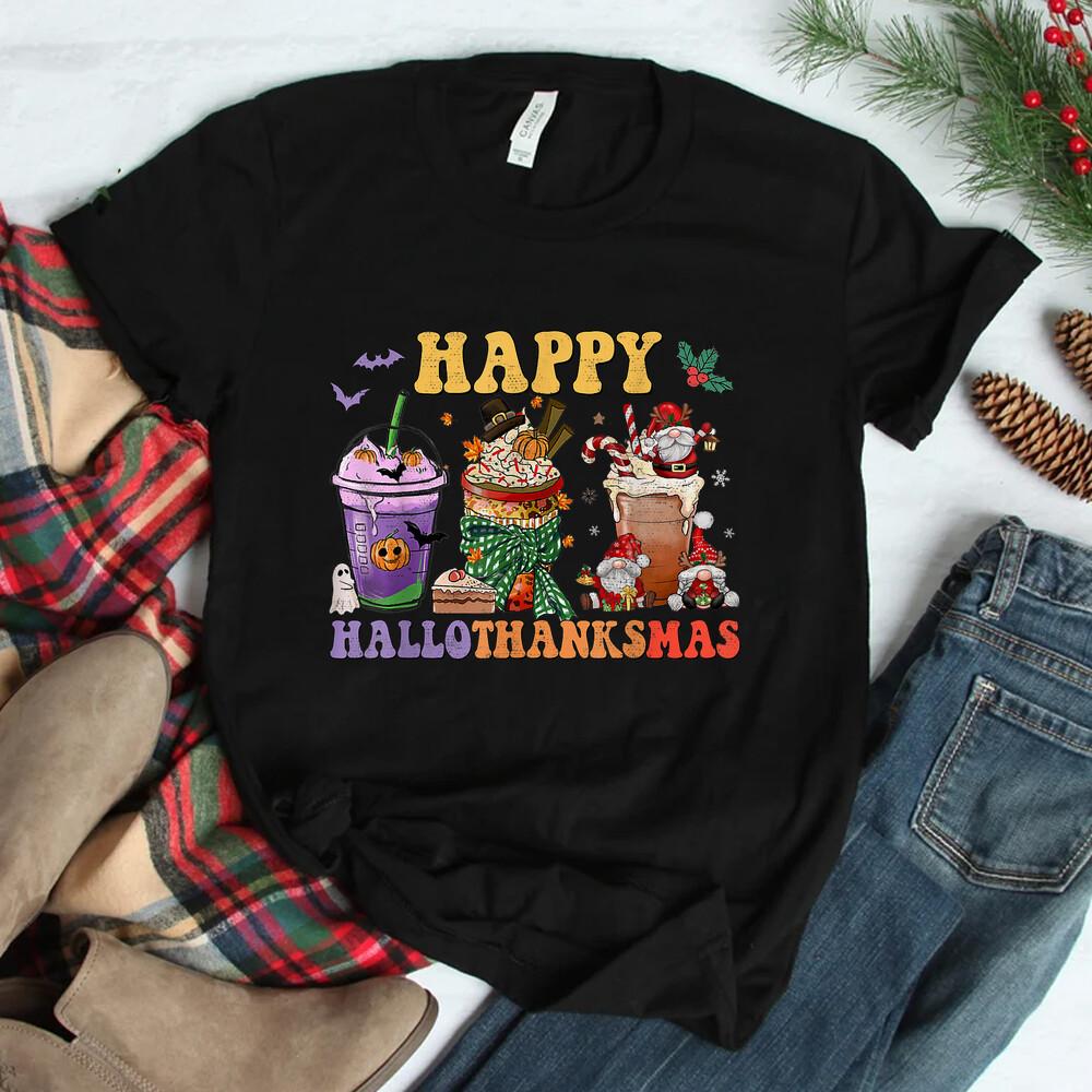 Coffee Halloween Thanksgiving Christmas Happy Hallothanksmas T-shirt Size S-5XL