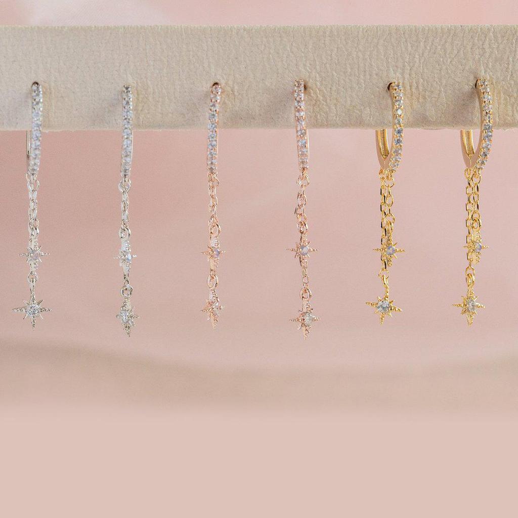 "Elegant Copper Zircon Star Chain Earrings, 18K Gold-Plated, Artistic Design"