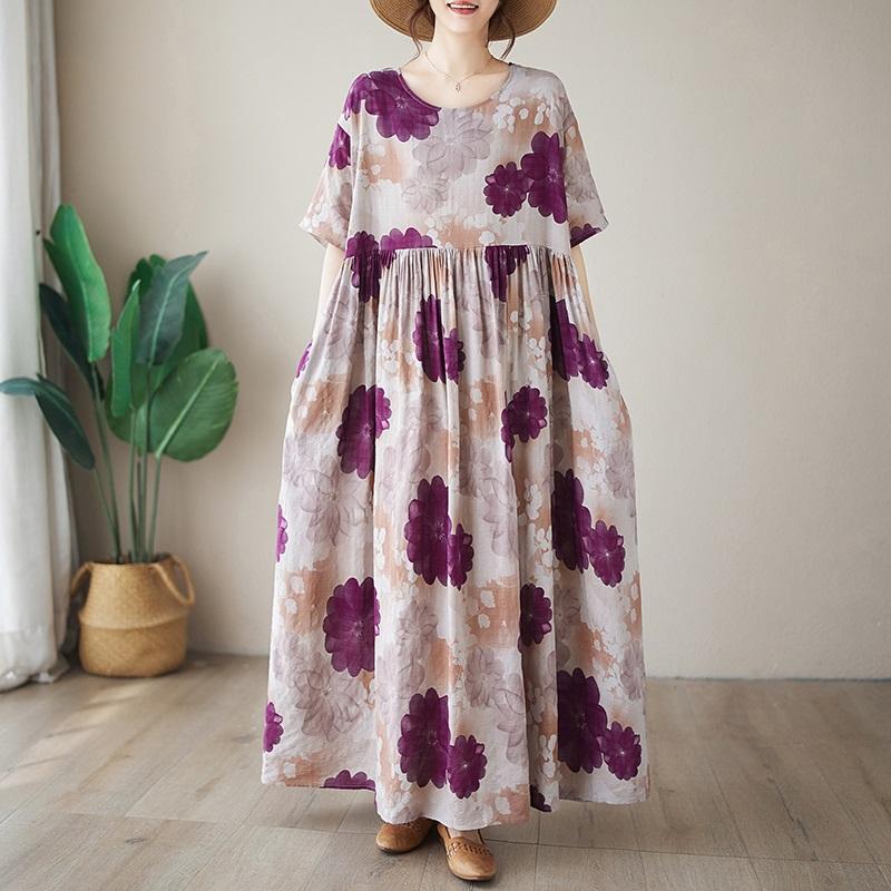 Новое хлопковое платье больших размеров с коротким рукавом и цветочным принтом для женщин, повседневное свободное длинное летнее платье