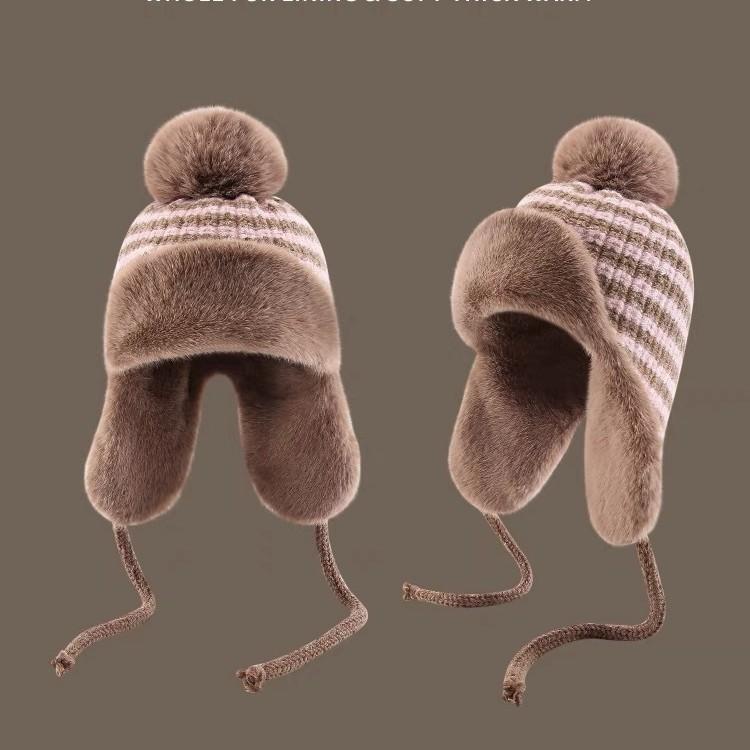 Зимняя плюшевая утолщенная шапка-ушанка из шерстяного шарика, вязаная плюшевая шапка-ушанка для защиты ушей для женщин, полосатая, ретро, для большой головы, для велоспорта