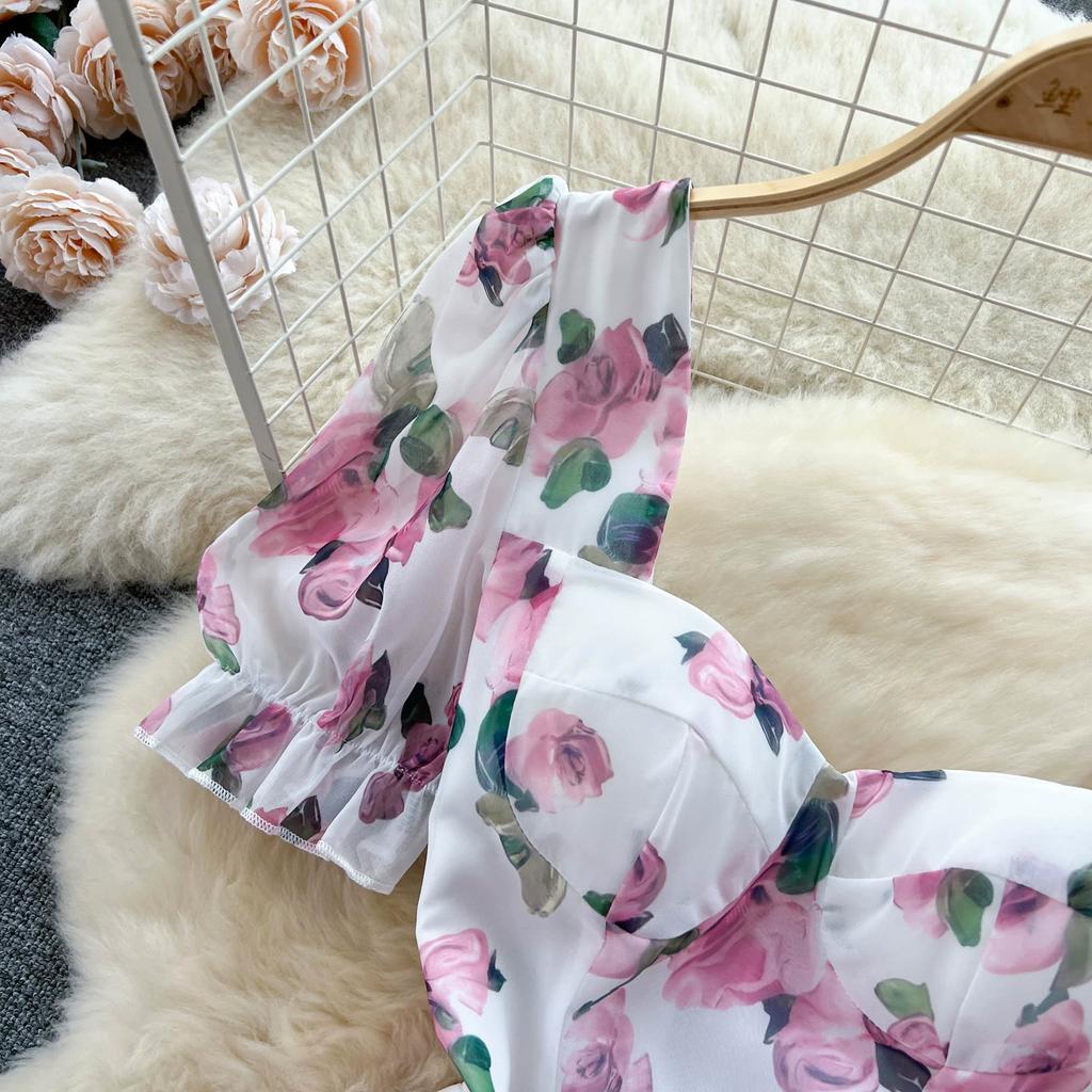 Пляжное платье с цветочным принтом для отдыха, женское платье с открытой спиной, шнуровкой и крестиком, рюшами, модное вечерние длинное платье, модная короткая сексуальная тонкая одежда