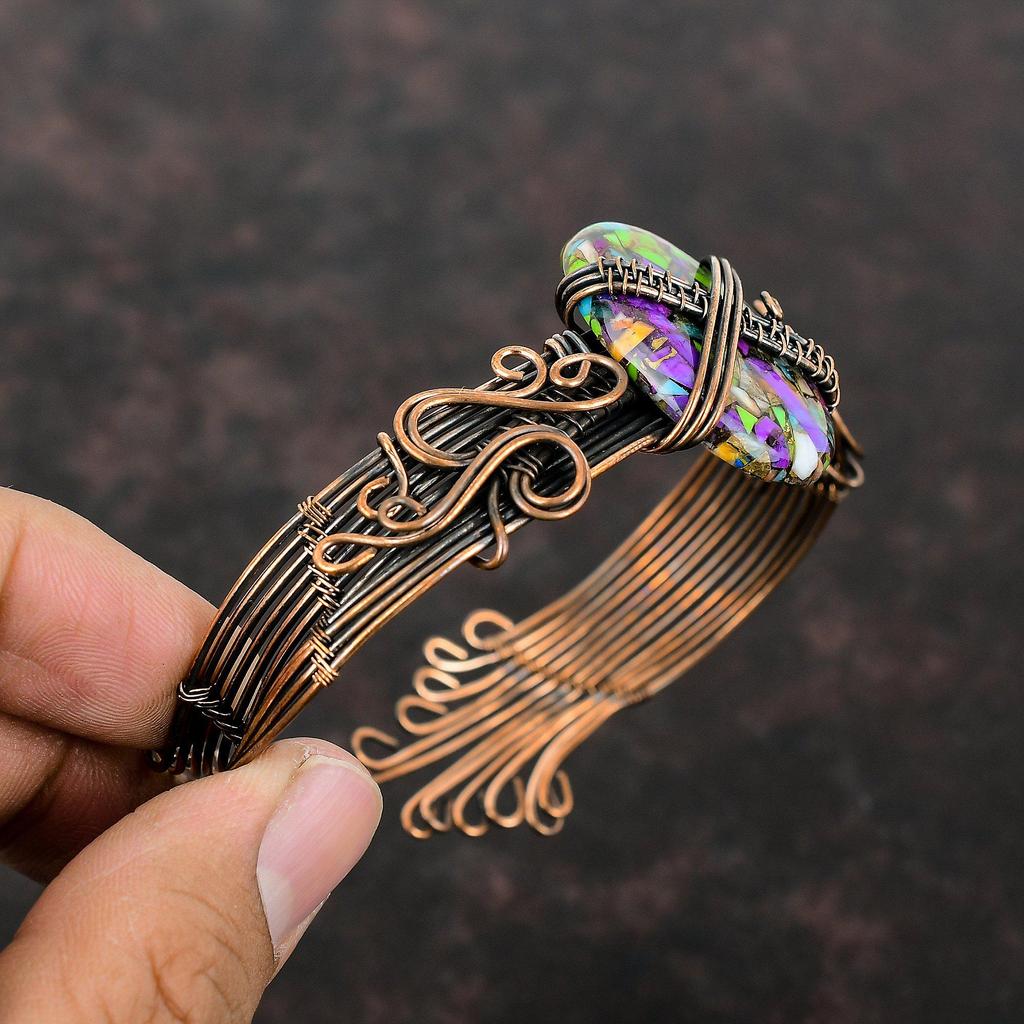 Fiesta Kingman Бирюзовый браслет Медная проволока Обернутый браслет Мультимедный бирюзовый браслет-манжета Регулируемый браслет Ювелирные изделия с медными драгоценными камнями