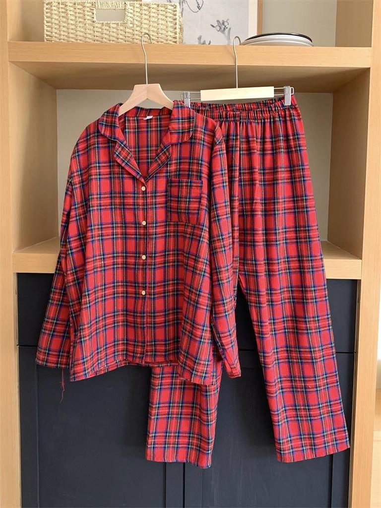 Korean Spring & Autumn Plaid Lace Peter Pan Collar Pajamas - Loose Couple Long Sleeve Homewear Set