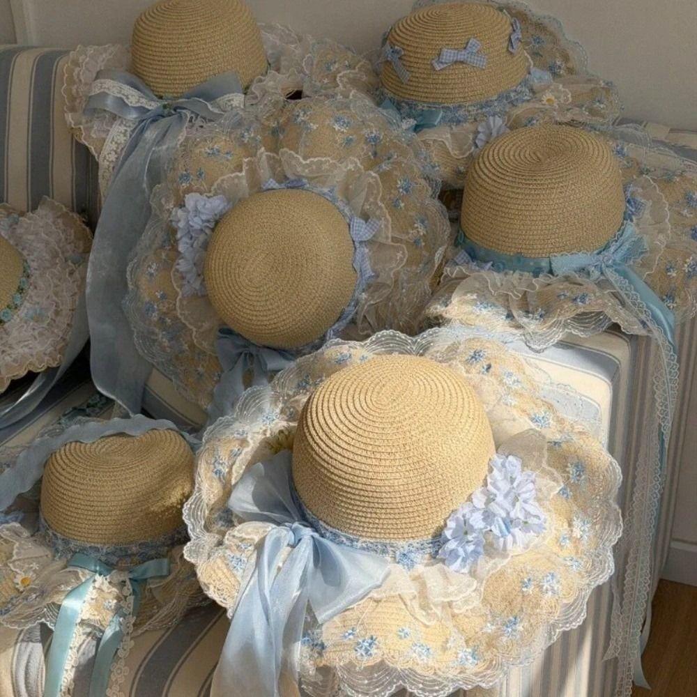 Floral Design Woman's Straw Hat Elegant Sun Protection Cap Lace Brim Sunshade Cap Casual Wear