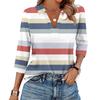 Женская модная повседневная футболка с лацканами и полосатым лоскутным принтом, топ с рукавом семь четвертей