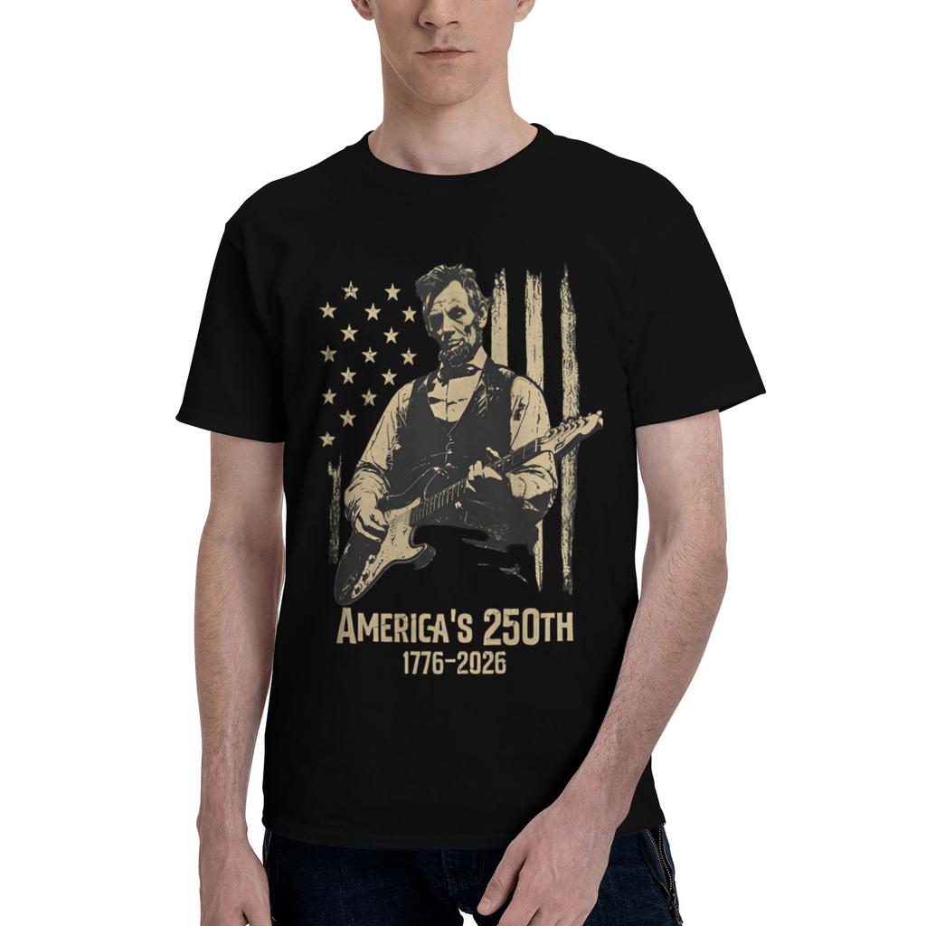 Custom Abraham Lincolns Playing Guitar For Unisex Pure Cotton Tshirt Casual Tee Short Sleeve 4th July 250th Anniversary Tshirts