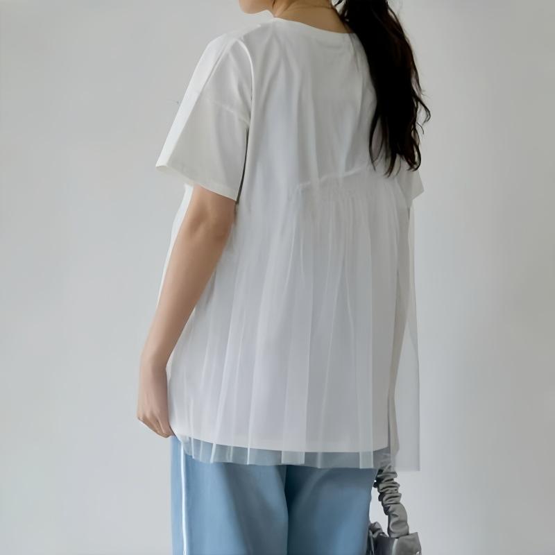 Хорошая ткань японский летний топ женский простой повседневный сетчатый сращивающийся короткий рукав круглый вырез пуловер футболка