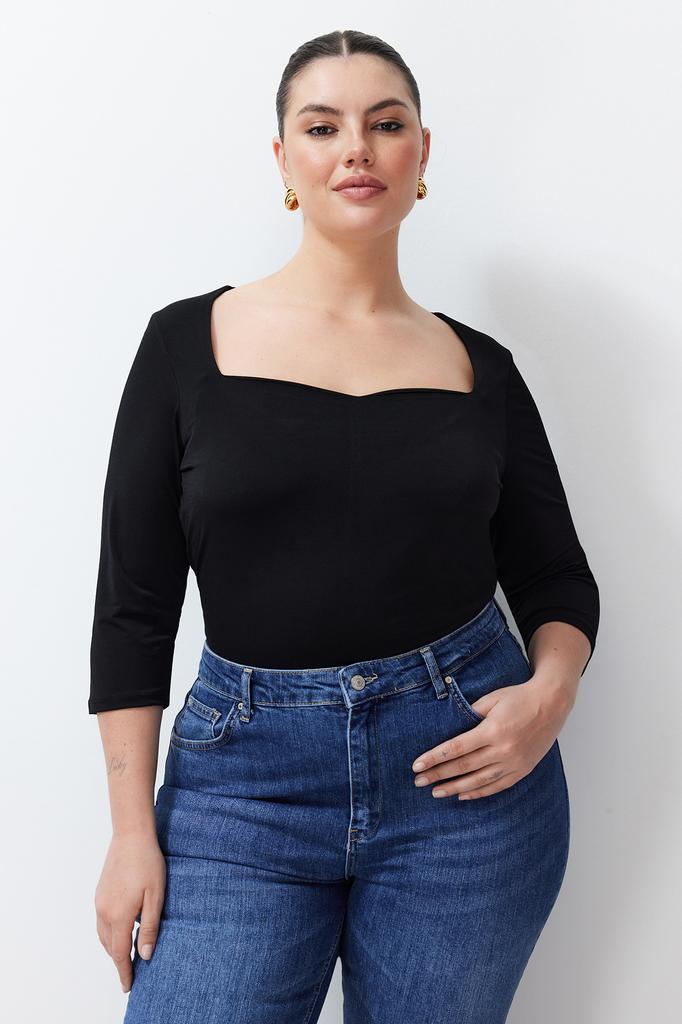 Women's Fashion New Plus Big Size Blouse Black Sweetheart Neckline Fitted Knitted Blouse