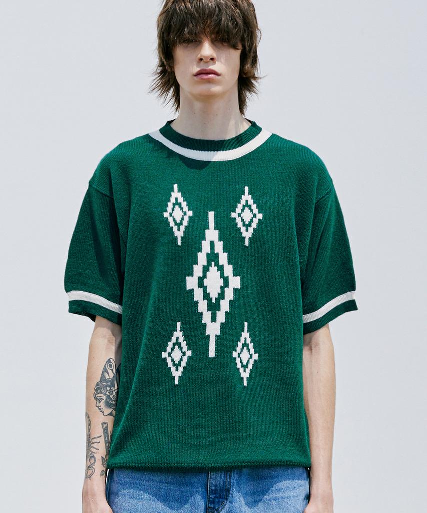KND Navajo Pattern Loose Fit Ringer Half Knit Peacock Green