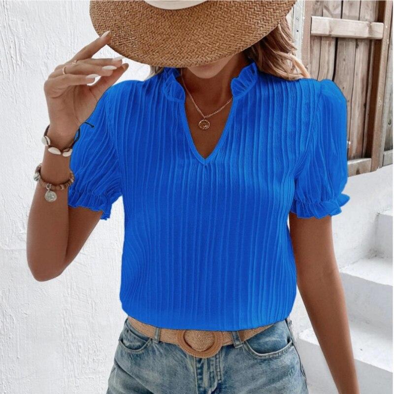 2023 летняя белая рубашка с коротким рукавом, женская винтажная однотонная свободная рубашка с v-образным вырезом, повседневная элегантная кружевная блузка, модная одежда 28006