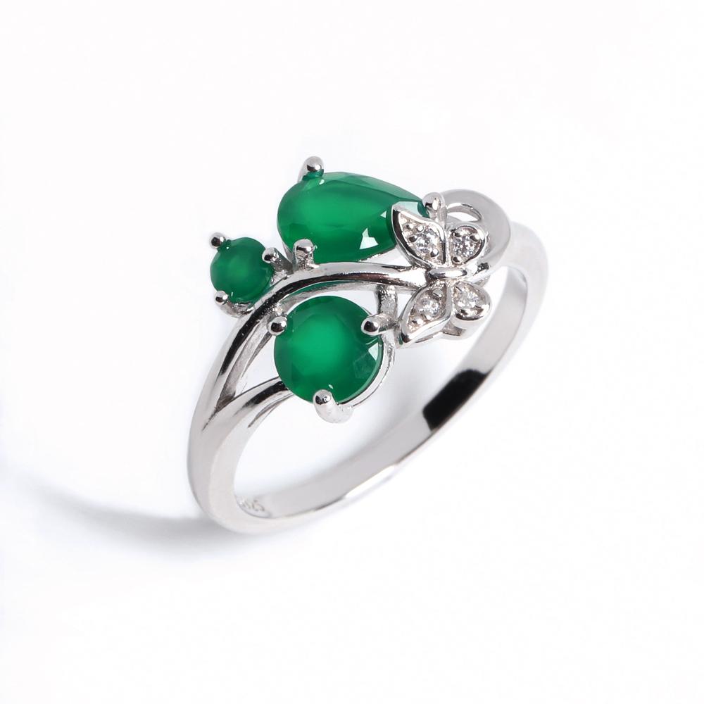 Butterfly Design Silver Jewelry Set with Natural Green Agate Gemstones Earrings And Ring for Women