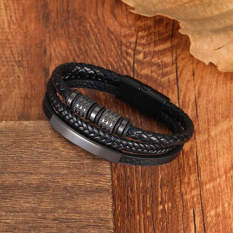 Stainless Steel Personalized Mens Braided Genuine Leather Bracelet Bar Custom Name Charm Bracelets for Men with Family Names