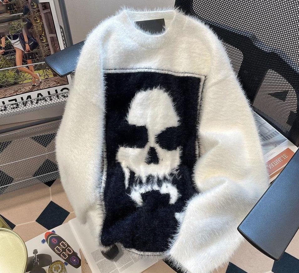 Унисекс свитер в ленивом стиле с жаккардовым узором черепа 2024 - Зимний уличный вязаный оверсайз