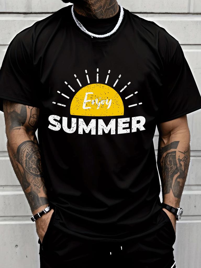 Unisex Crew Neck Tee Retro Enjoy Summer Sun Letter Print Short Sleeve Top Summer Outdoor Loose Soft Comfy Casual Basic Daily Wear