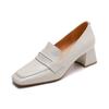 Vintage Cow Skin Summer Autumn Thick High Heels Party Shoes Women Square Toe Concise Design Pumps