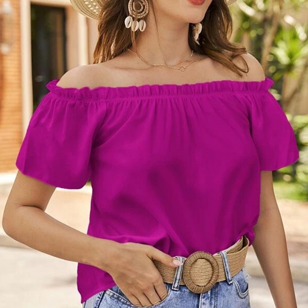 Женская летняя повседневная рубашка с открытыми плечами и оборками, короткий рукав