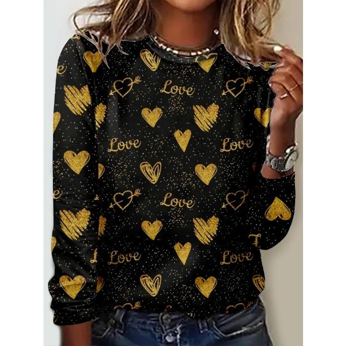 Женские футболки с круглым вырезом и 3D-принтом с узором «Любовь», модные повседневные футболки с длинным рукавом