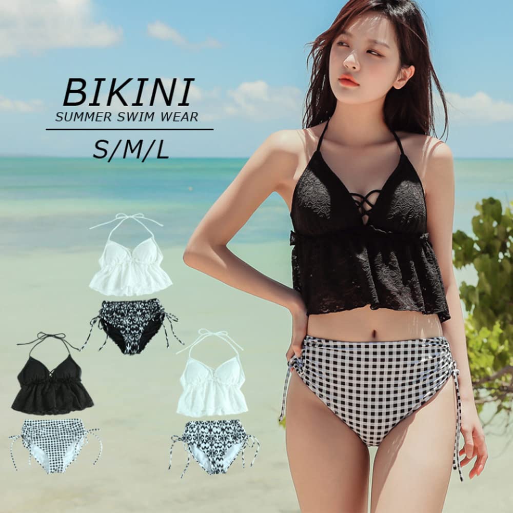 Body Bikini Cute Popular Mom Lace String High Waist Pants Floral Ruffle Bandeau Top and Stylish Tank 2022 Border Folded Border High High A [Aunii]