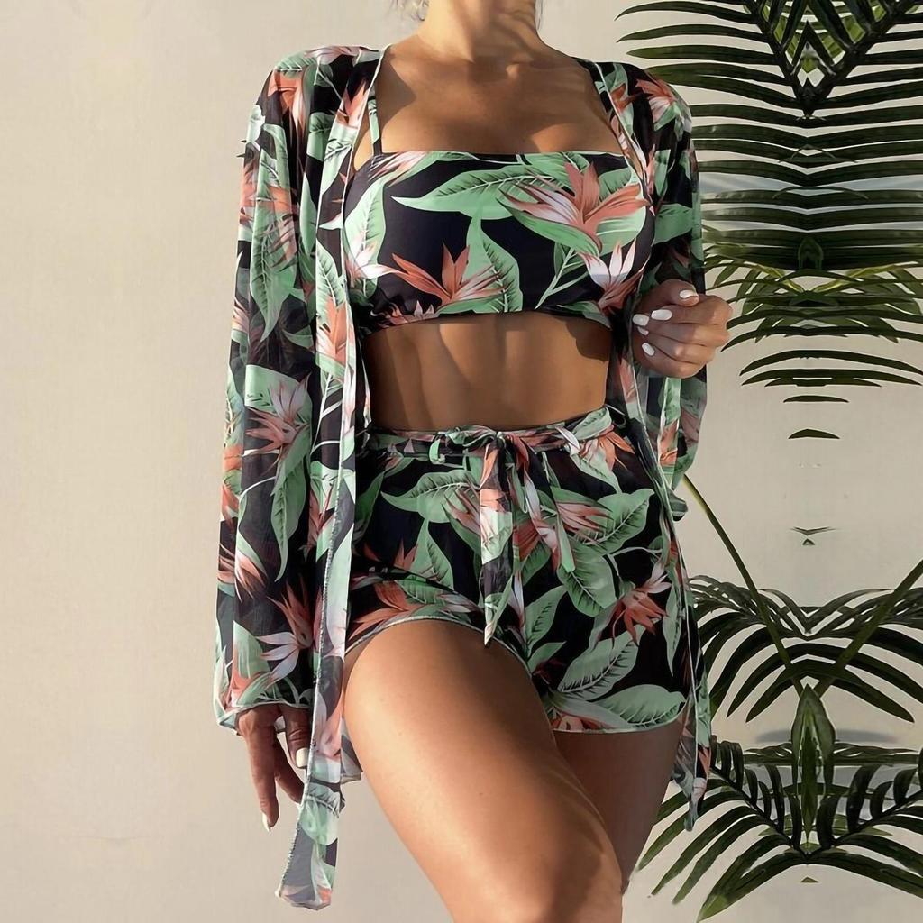 Sexy Bandeau High Waist Bikini Set with Boy Shorts Mesh Cover Up Floral 3 Piece Swimsuit Women Bathing Suits Swimwear Beach Wear