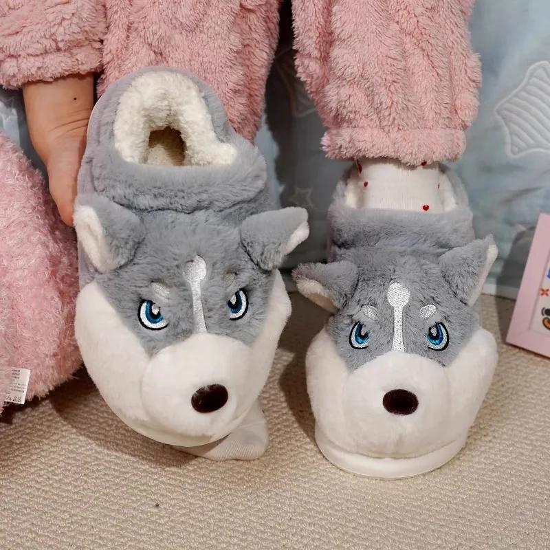Fashion Women Indoor Cotton Slippers Cute Cartoon Dog Winter Warm Shoes Couples Home Floor Slides Anti-slip Female Male House Footwear