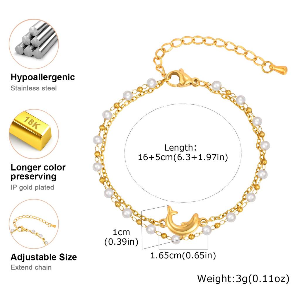 Exquisite Dolphin Imitation Pearl Bead Chain Bracelet for Women,Stainless Steel Double Layered Bracelets,Charm Jewelry Gifts