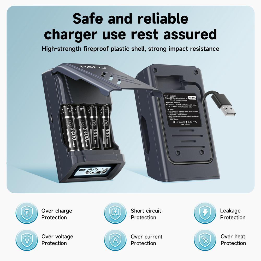 PALO 1.5V AAA Li-ion Rechargeable Battery  3A 1.5V 900mWh Lithium AAA  with 4 Slots LCD Charger For 1.5V AA  AAA  Li-ion  Battery