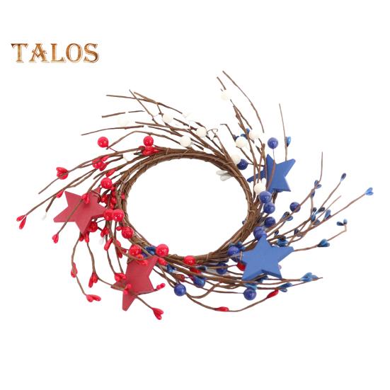 Patriotic Candle Ring Wreath Red White Blue Star Mixed Artificial Berry Candle Wreath Mini Pillar Candle Holder for 4th of July Tabletop Decor