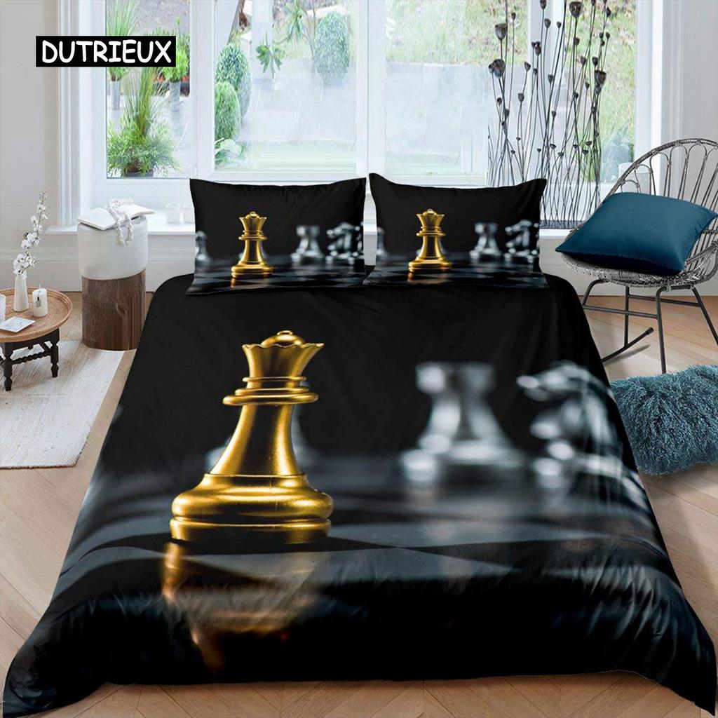 Комплект постельного белья International Chess Queen Size Chess Lovers для детей и взрослых, черная основа из микрофибры, 2/3 шт., пододеяльник