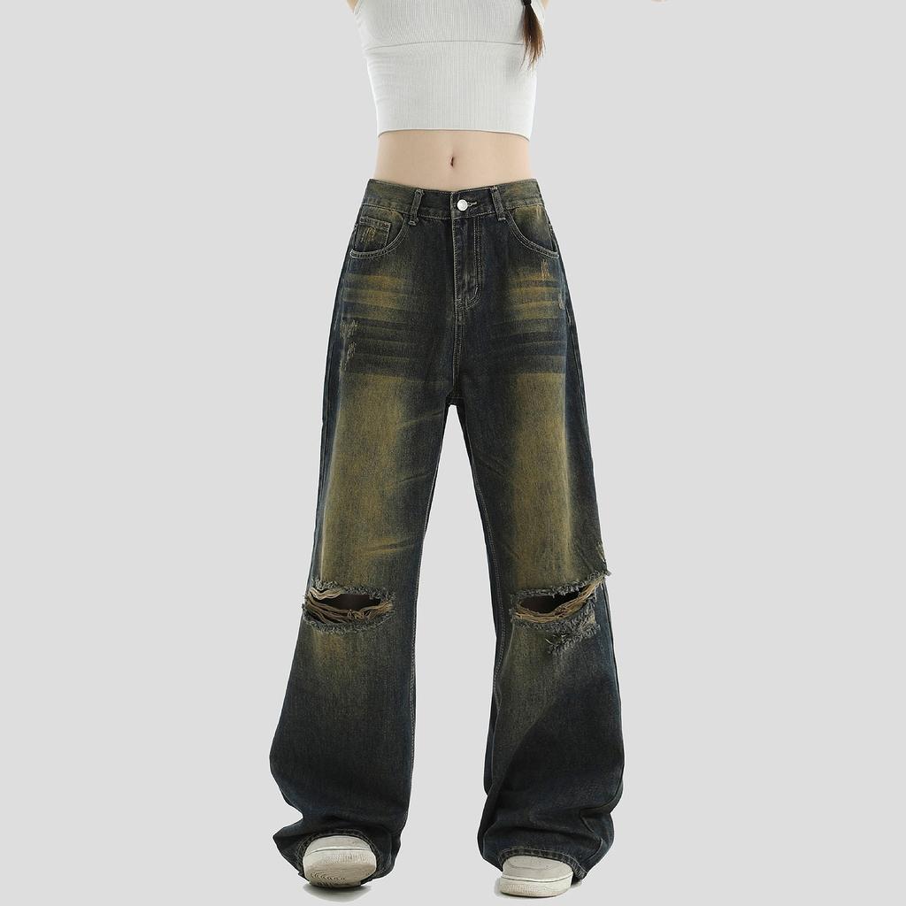 Женская мода ретро личность потертый старый с высокой талией ретро свободные прямые джинсы