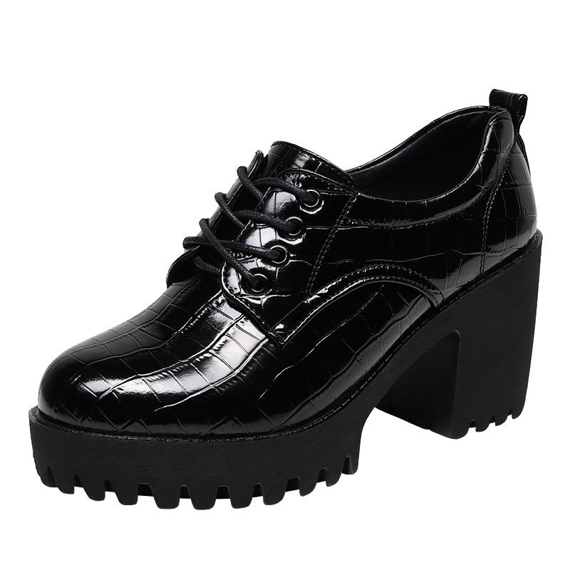 8cm Small Size 32-43 Deep Mouth Women's Block Square Heels Shoes Platform 2025 Fall Winter Bright Leather Oxfords Office Mom