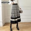 Knitted Long Skirts Women Autumn Winter Fashion Leopard Printed A Line High Waist Pleated Midi Skirt Female Mid-length