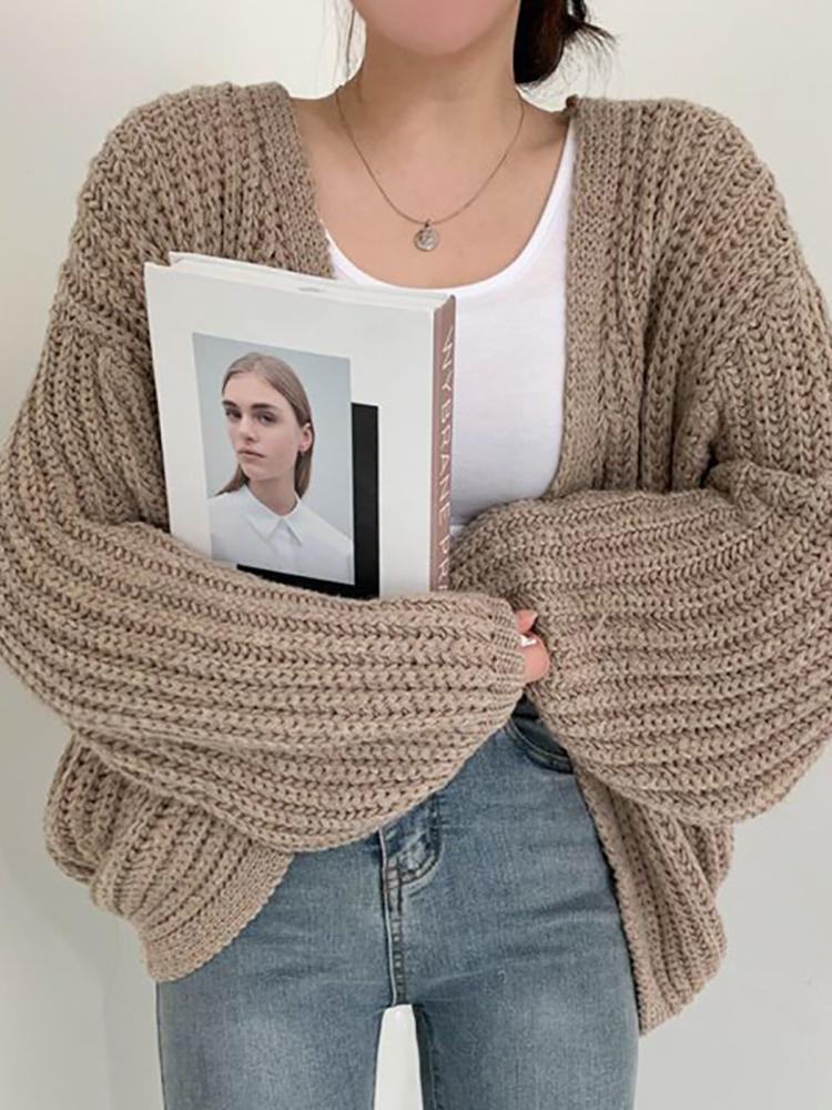 Женский кардиган, свитер, пальто, повседневное, свободное, трикотажное, однотонное, пальто с рукавами-фонариками, милое пальто для женщин 2024, осень-зима