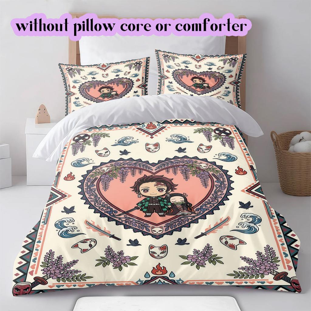 Demon Slayer Modern 3 Piece Anime Duvet Cover,Cartoon Printed Bedding Set,Cool Bedroom Decoration Comforter Cover for Kids_LIAN