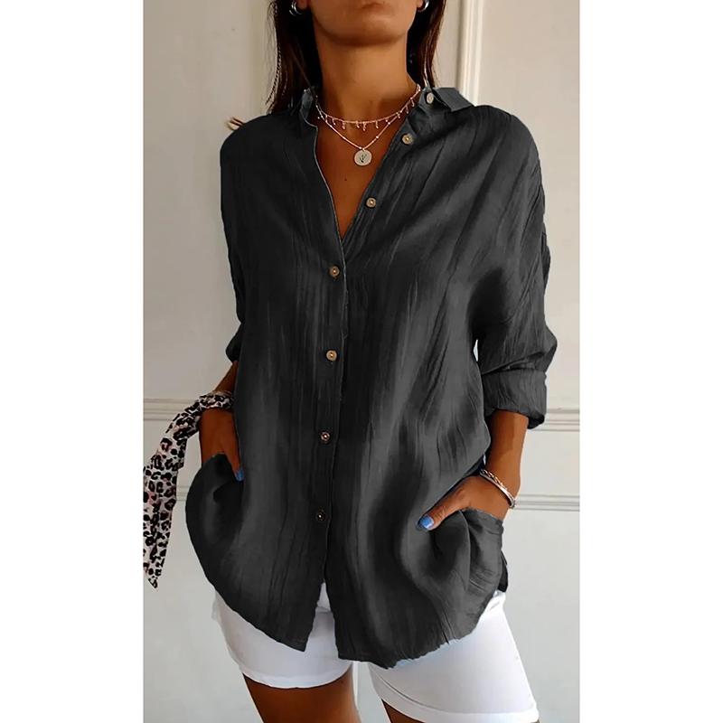 Новая модная однобортная повседневная рубашка больших размеров для женщин с отложным воротником, свободные женские однотонные блузки, топы, рубашки с длинным рукавом на весну и осень 25997