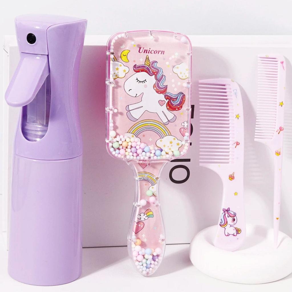 4pcs hair styling set, 200ml spray bottle, cute cartoon pattern square hair brush and 2 combs, Special for real hair wigs