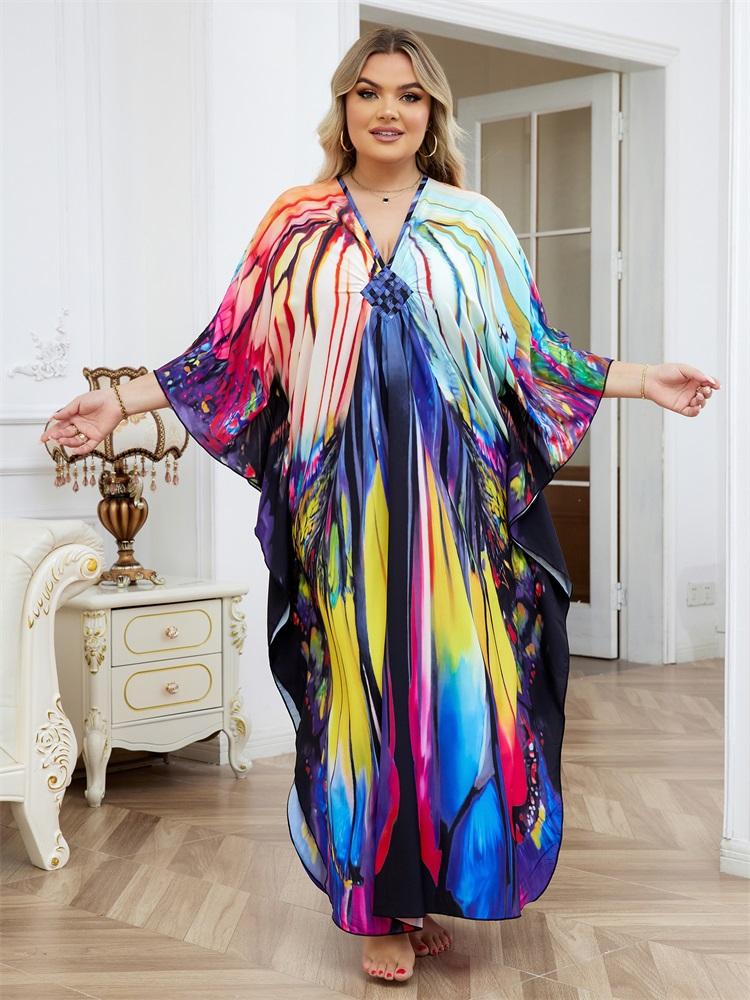 EDOLYNSA Plus Size Multicolor Printed Kaftan Dress For Women Outfit Boho Vacation V-neck Split Robe Summer Beachwear Swimsuit Cover Up Q1588
