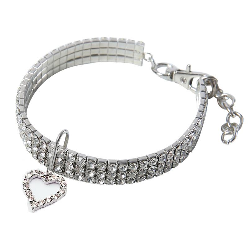 Heart Rhinestone Pet Collar for Dogs Cats, Crystal Diamond Pendant Necklace, Adjustable S M L, Blue White Pink Red