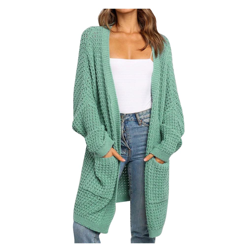 Womens Patchwork Cardigan Long Sleeve Open Front Knit Sweaters Coat Pockets