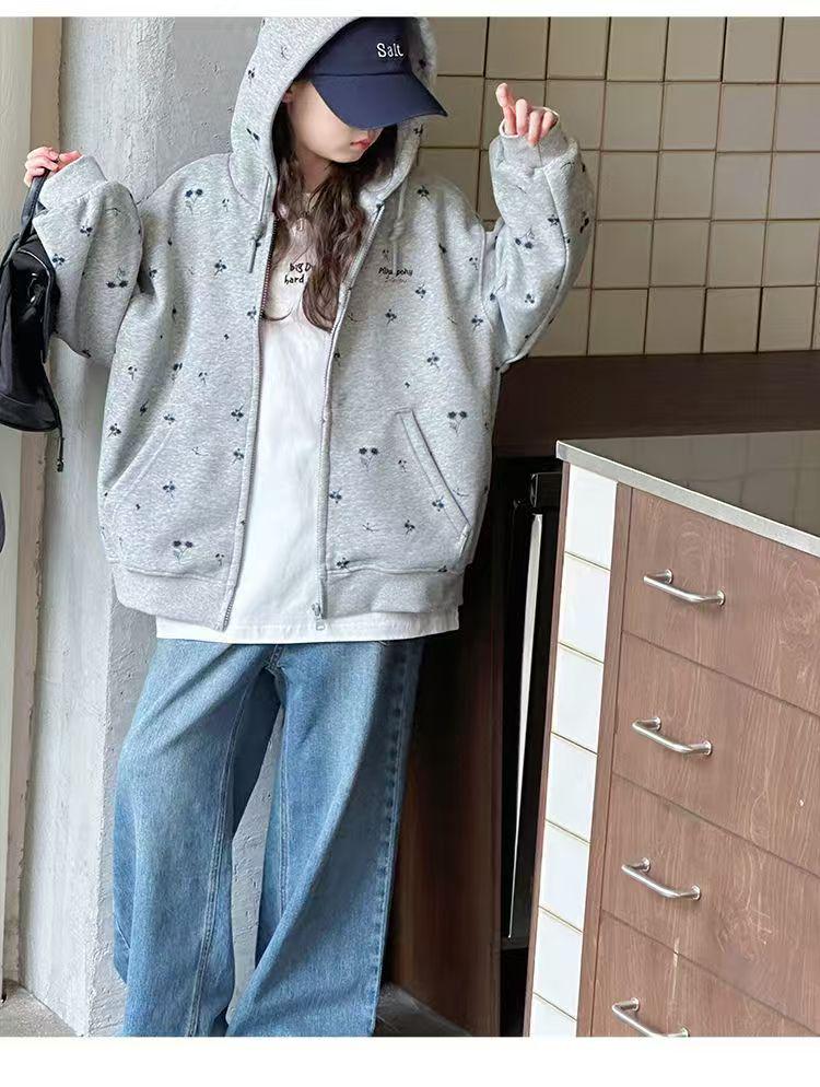 Детская весенне-осенняя куртка на молнии с капюшоном и принтом орхидей - корейский стиль высокой моды, верхняя одежда для девочек 2025