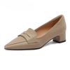 New Women's Leather Loafers Round Head Thick Medium Heel Sheepskin Fashion Shoes Spring and Autumn Apricot 43