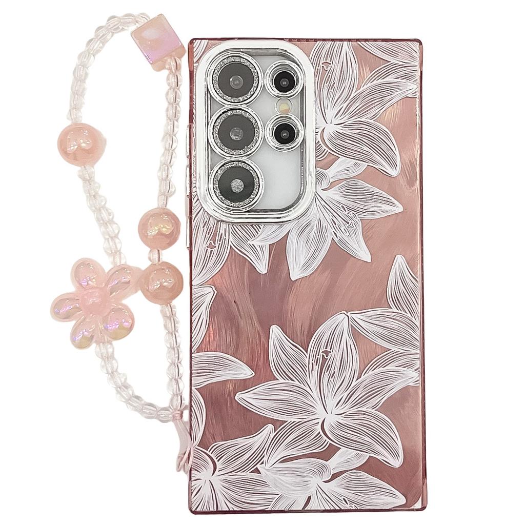 Samsung S25 Ultra Mobile Phone Case Laser Texture Flower and Grass Lens Film S24FE Bracelet A56 Electroplated Hard Shell