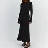 Women's Long Sleeve Ribbed Knitted Maxi Dress Crew Neck Bodycon Sweater Dress Elastic Slim Tie Waist Pencil Long Dress
