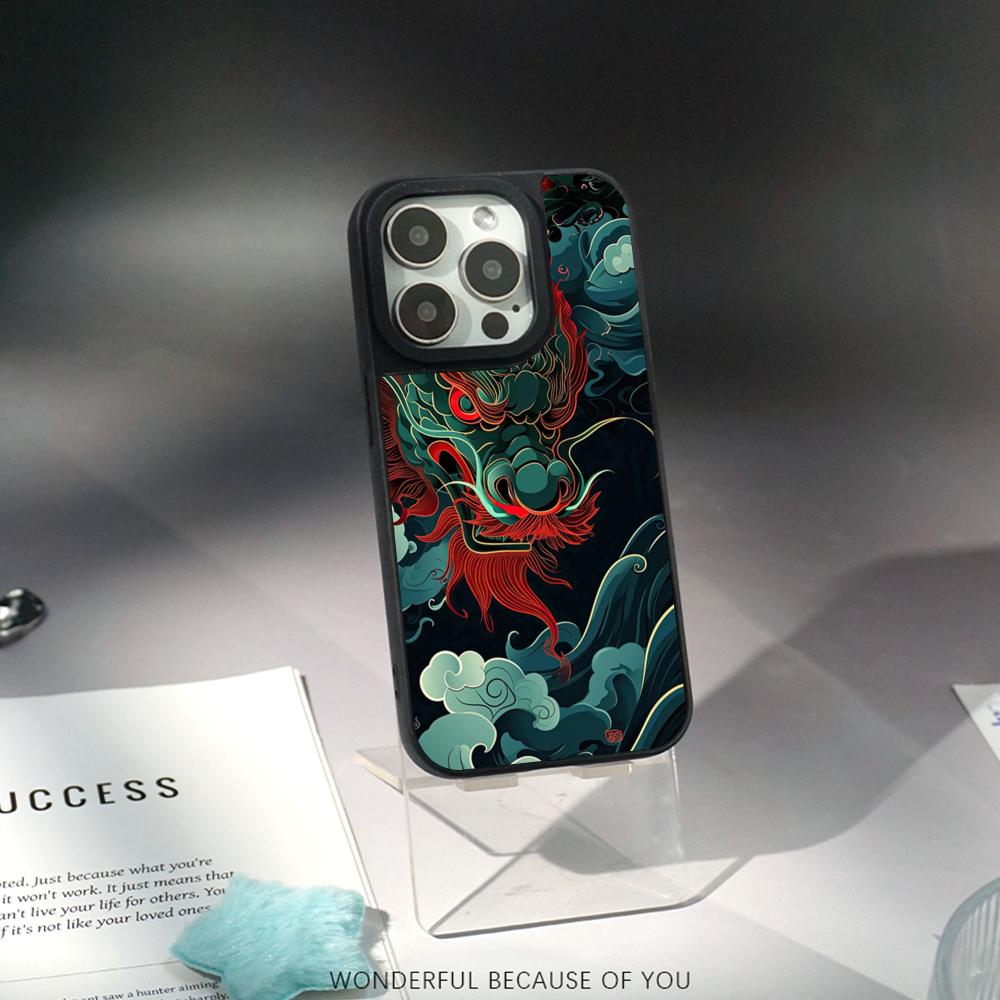 Японский дракон Супер крутая картина Чехол для телефона для iPhone 17 16 e 15 14 13 12 Pro Max Защитный чехол из овчины с серебристой окантовкой