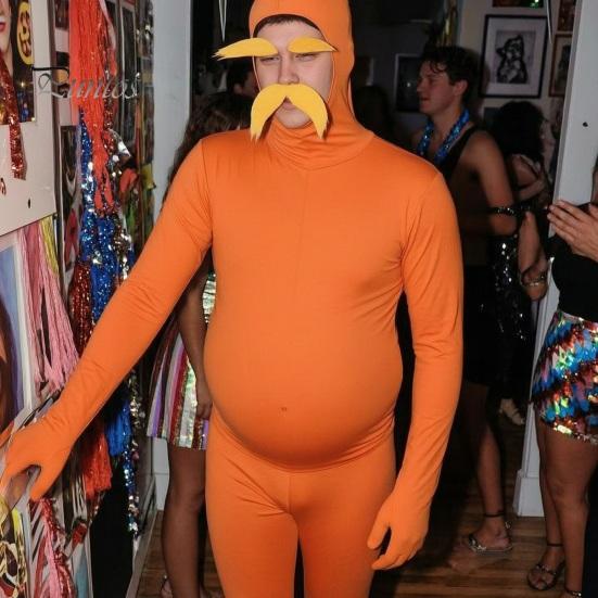 Оранжевый Zentai-костюм с открытым лицом, полный костюм-комбинезон для детей и взрослых, с животом, желтыми усами и бровями, мужской и женский спандексный комбинезон, Хэллоуин
