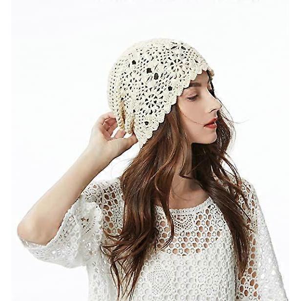 Dww-Women's fine cotton beanie (beige), hand-knitted summer flower skull beanie