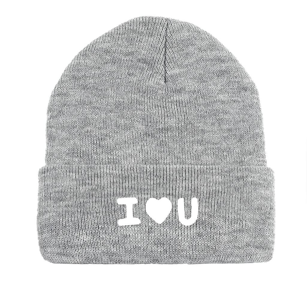 White "I Love U" Print Knit Hat Beanie, Man Cap Soft Cozy Solid Gorro Knit Cap Beanie
