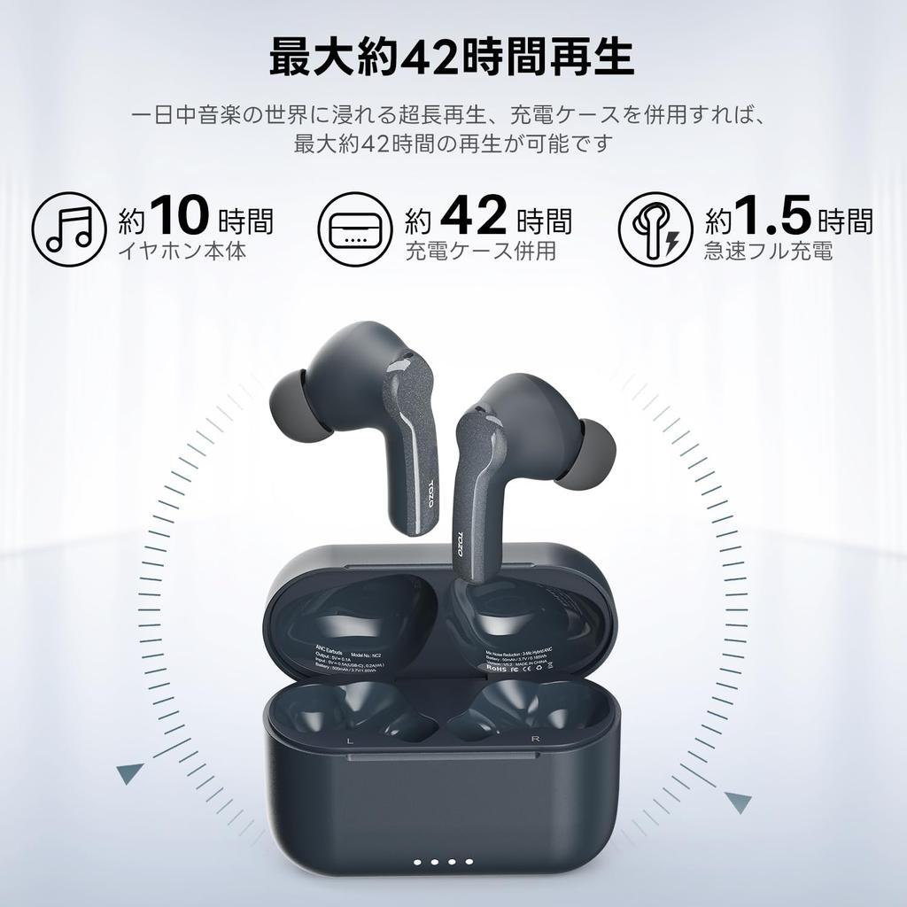 Беспроводные наушники TOZO NC2 с превосходным качеством звука и шумоподавлением до 35 дБ, до 42 часов работы, IPX6, улучшенное погружение, автоматическое стерео, быстрая мгновенная зарядка