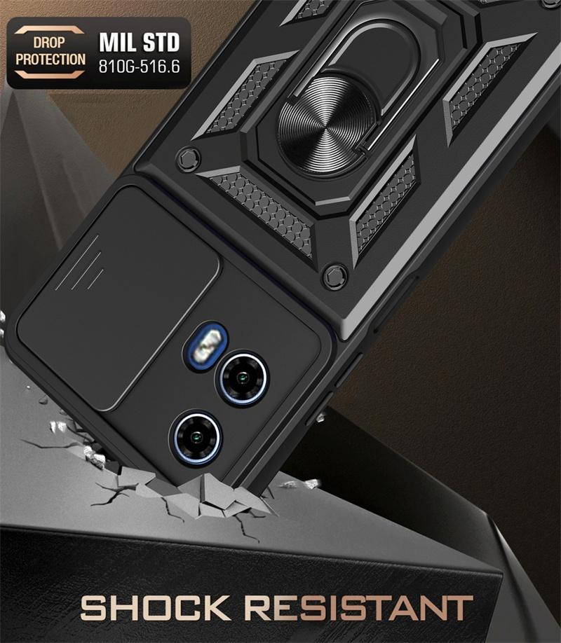 Противоударный бронированный чехол для Motorola Moto G04 G24 G34 G54 G84 E14 G22 G32 G52 G72 с магнитным кольцом-держателем и сдвижной крышкой для защиты объектива
