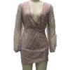 Women's Sexy Sequin Bodycon Dress Sheer Long Sleeve Deep V Neck Mini Dress Sparkly Evening Party Dress for Night Clubs